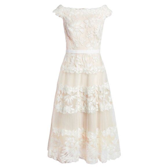 NWT TADASHI SHOJI Adriane in Ivory Petal Floral Embroidered Tea Midi Dress 12 - Picture 1 of 10